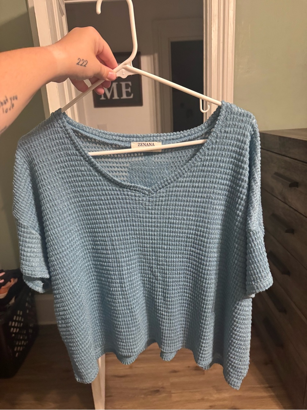 Zenana Outfitters Light Blue Waffle Knit V-Neck Short Sleeve Top